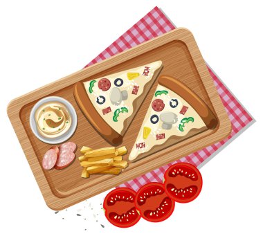 Tahta tepside pizzanın en üst görüntüsü