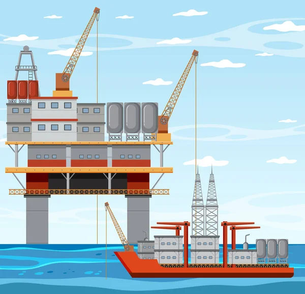 Concetto Industria Petrolifera Con Illustrazione Piattaforma Petrolifera Offshore — Vettoriale Stock