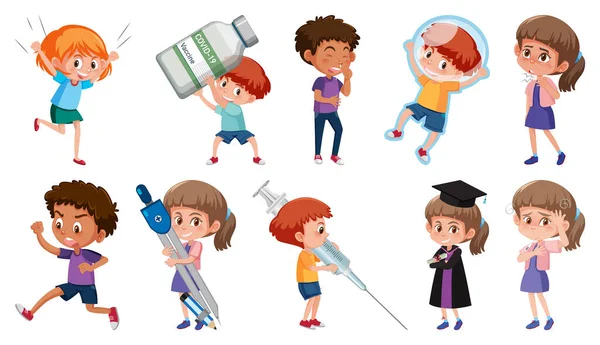 Set Bambini Che Fanno Diverse Attività Sfondo Bianco Illustrazione — Vettoriale Stock