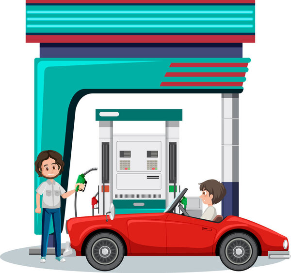 Gas station scene on white background illustration