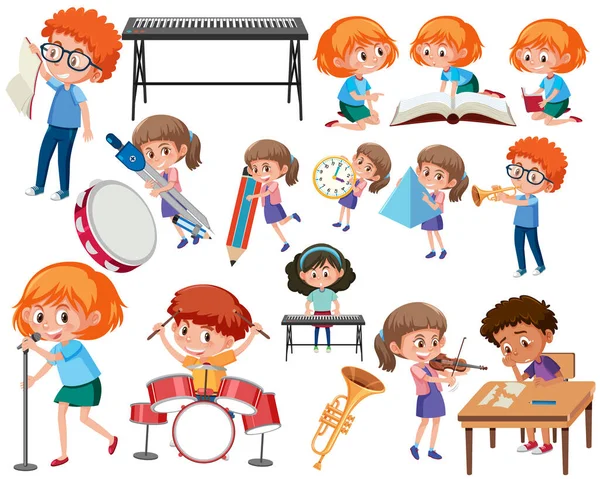 Colección Muchos Niños Haciendo Diferentes Actividades Ilustración — Vector de stock