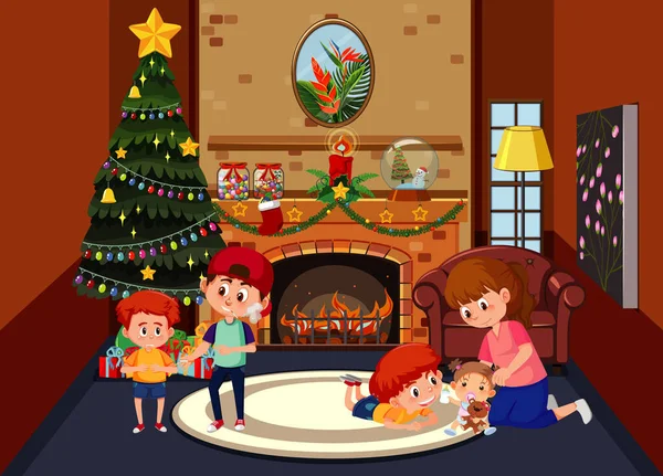 Σαλόνι Διακοσμημένο Για Χριστούγεννα Εικονογράφηση Μελών Της Οικογένειας — Διανυσματικό Αρχείο