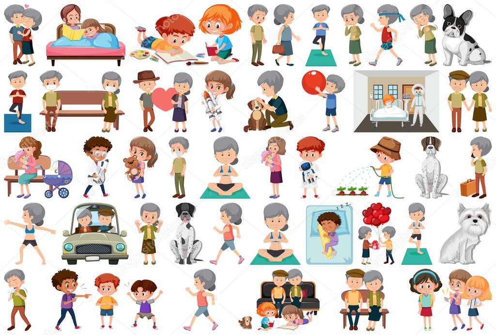 Set of different activities people in cartoon style illustration