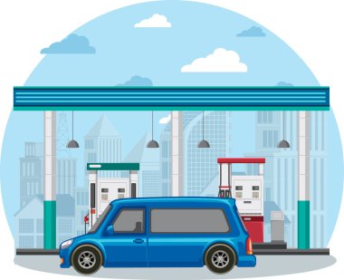 Beyaz arkaplan illüstrasyonunda benzinci sahnesi