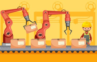Montaj hattı robotlarıyla otomasyon endüstrisi kavramı