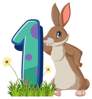 Tavşan, beyaz arkaplan illüstrasyonunda izole edilmiş sayı karakterini tutuyor