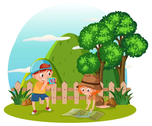 Ett Barn Som Gör Aktiviteter Trädgården Illustration — Stock vektor