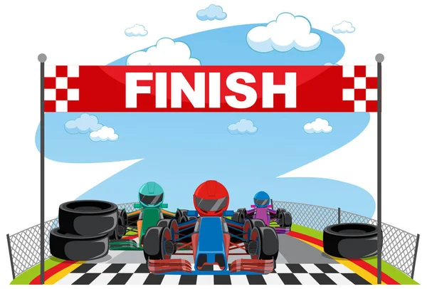 Cartoon Racing Car Reach Finish Line Illustration — Stock Vector