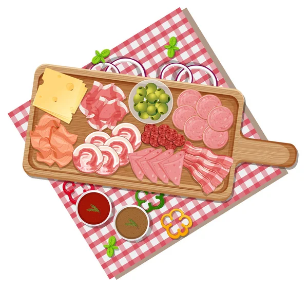 Top View Lunch Meat Wooden Tray Illustration — Stock Vector