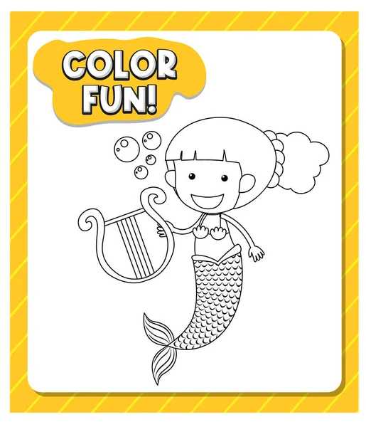 Worksheets Template Color Fun Text Mermaid Outline Illustration — Stock Vector