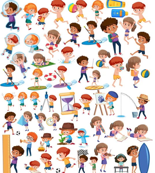 Collection Many Kids Doing Different Activities Illustration — Stock Vector