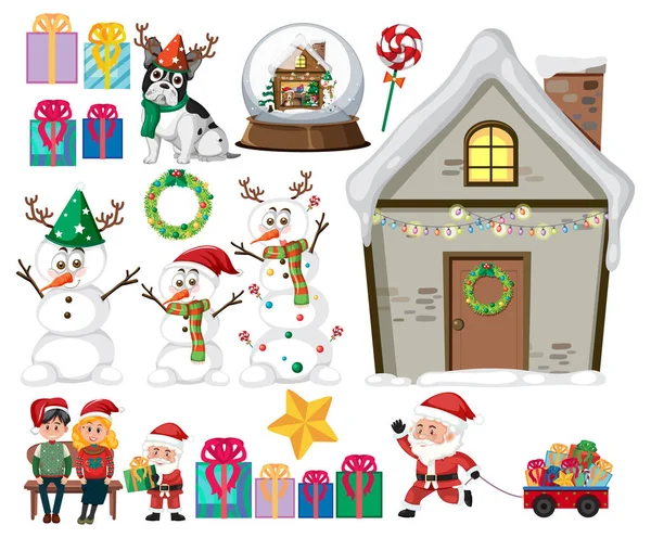 Set Natalizio Con Pupazzo Neve Illustrazione Babbo Natale — Vettoriale Stock