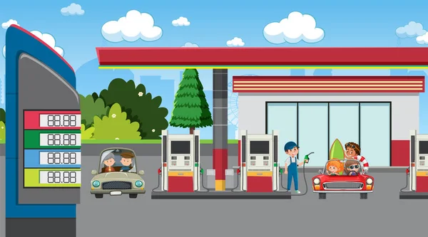 Benzin Istasyonu Karikatür Sahne Illüstrasyonu — Stok Vektör