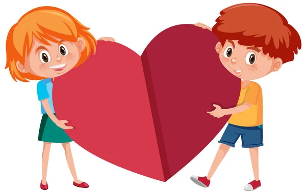 Dos Niños Sosteniendo Una Gran Ilustración Corazón Rojo — Vector de stock