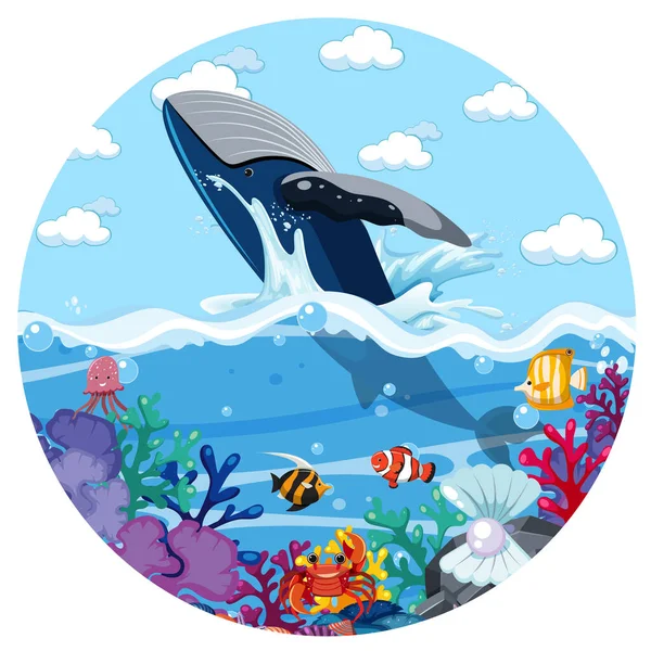 Una Scena Spruzzi Acqua Con Balena Sfondo Bianco Illustrazione — Vettoriale Stock