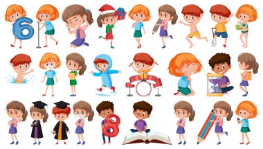 Beyaz arkaplan illüstrasyonunda farklı aktiviteler yapan bir grup çocuk