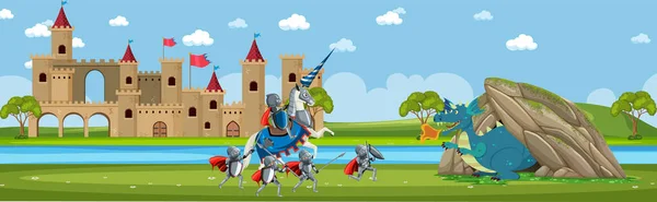 Scene Knight Dragon Fairytale Land Illustration — Stock Vector