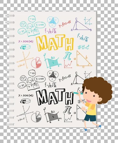 子供のイラストとノートブックページ上の落書き数学式 — ストックベクタ