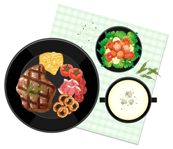 Top View Food Set Steak Placemat White Background Illustration — Stock Vector