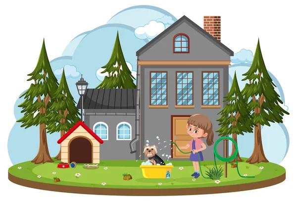 Çizgi film çizimlerinin önünde köpeğini yıkayan bir kız.