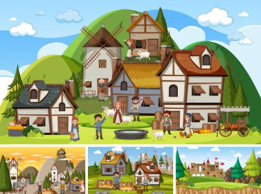 Farklı sahne ortaçağ illüstrasyonları