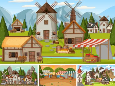 Farklı sahne ortaçağ illüstrasyonları