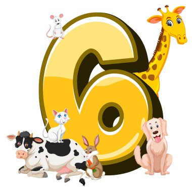 Altı numaraya iliştirilmiş altı farklı hayvan.