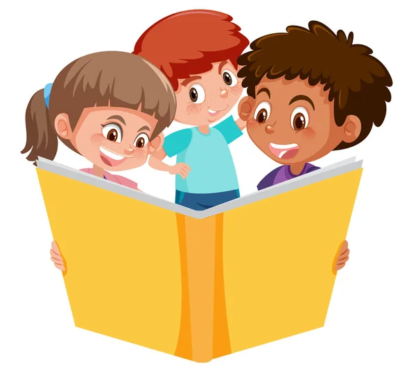 Três Crianças Lendo Livro Sobre Ilustração Fundo Branco —  Vetores de Stock