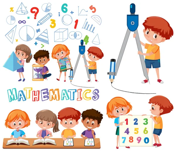 附有用品和学生插图的数学课件 — 图库矢量图片