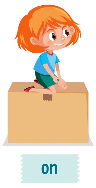 Preposition Place Cartoon Girl Box Illustration — Stock Vector