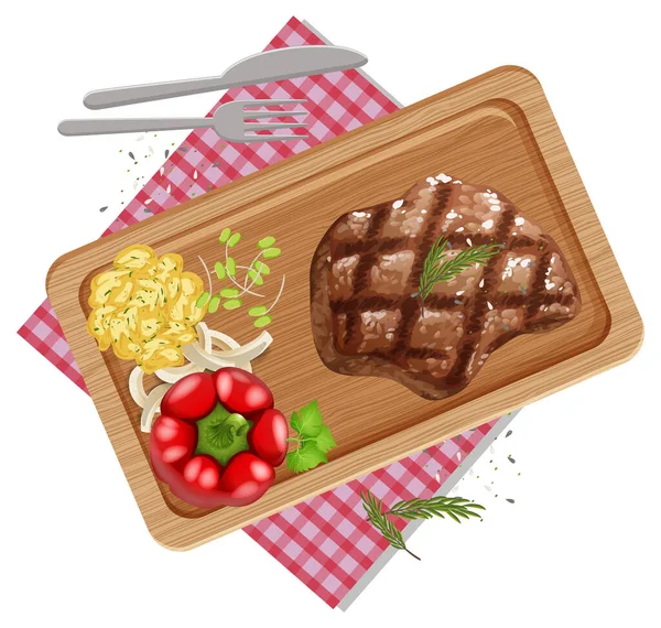 Vista Superior Bife Carne Ilustração Bandeja Madeira — Vetor de Stock