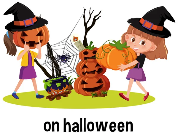 Preposiciones Inglesas Del Tiempo Con Ilustración Escena Halloween — Vector de stock