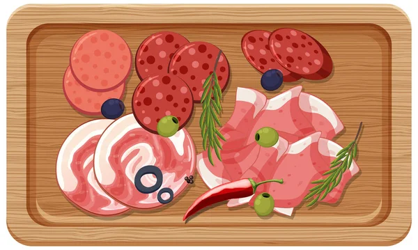 Vista Superior Carne Almoço Uma Ilustração Bandeja Madeira —  Vetores de Stock
