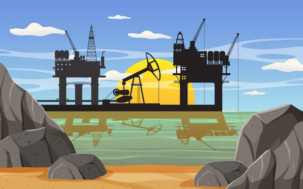 Petroleum Industrie Concept Met Offshore Olie Platform Illustratie — Stockvector