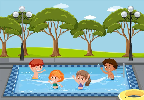 Openlucht Zwembad Scene Met Kinderen Illustratie — Stockvector