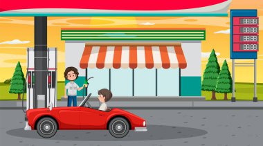 Benzin istasyonu karikatür sahne illüstrasyonu