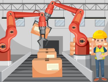 Montaj hattı robotlarıyla otomasyon endüstrisi kavramı
