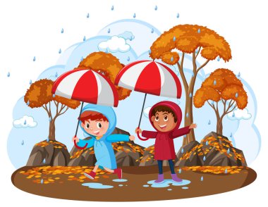 Yağmur resimleriyle oynayan çocuklarla ıssız bir açık hava parkı.