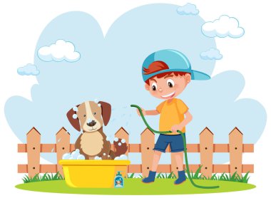 Şirin köpek, küçük çocuk resimleriyle banyo yapıyor.