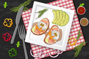 Üst düzey yemek, yumurtalı Benedict ve siyah masa illüstrasyonu.