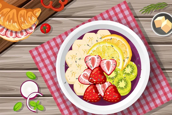 Vue Dessus Acai Bol Alimentaire Napperon Sur Table Bois Illustration — Image vectorielle