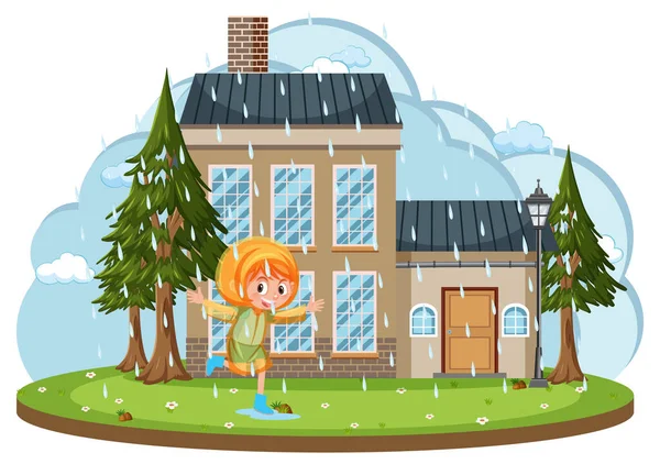 Happy Girl Playing Raining Front House Cartoon Illustration — Stockový vektor