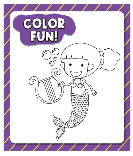 Worksheets Template Color Fun Text Mermaid Outline Illustration — Stock Vector