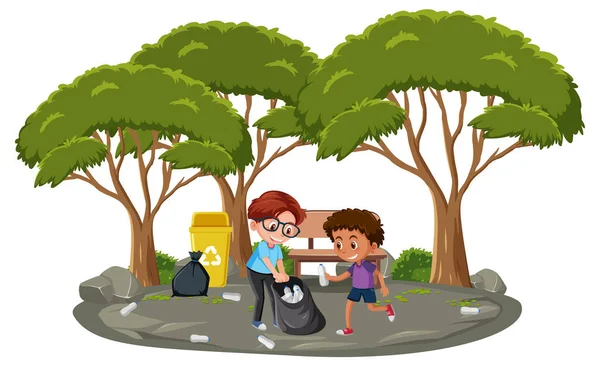 Isolated Outdoor Park Children Cleaning Park Illustration — Stock Vector