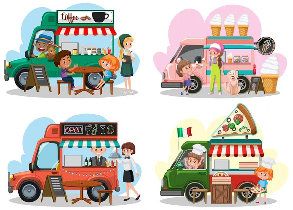 Concept Marché Aux Puces Avec Ensemble Différents Camions Alimentaires Illustration — Image vectorielle