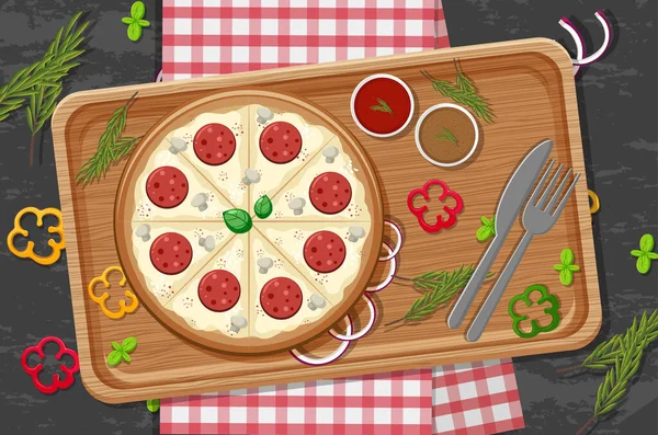 Ovanifrån Ost Pizza Trä Bricka Illustration — Stock vektor