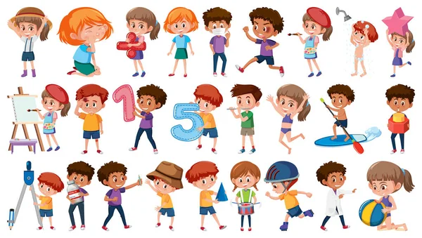 Set Children Doing Different Activities White Background Illustration — Stock Vector