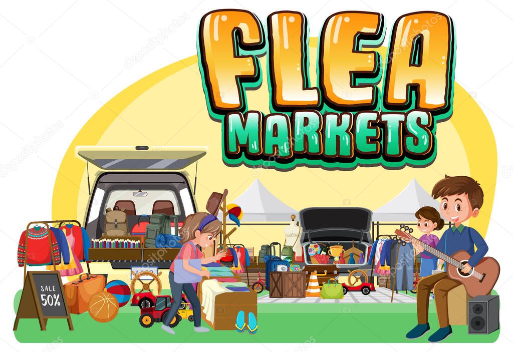 Flea market concept with merchant cartoon character illustration