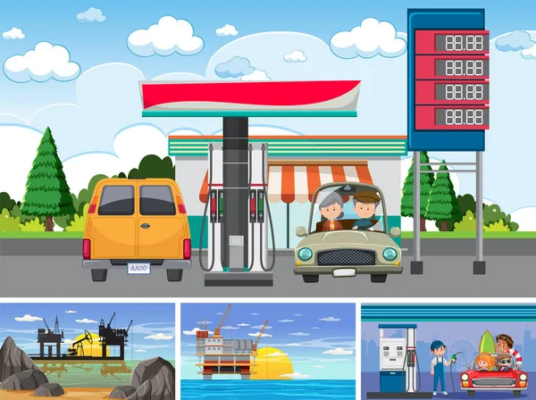 Serie Petrolio Benzina Gas Illustrazione Scena Rilevante — Vettoriale Stock