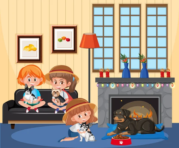 Zimmerszene Mit Kindern Und Ihren Hunden Illustration — Stockvektor